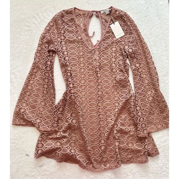 Green Envelope NWT dusty rose crochet bell sleeve open tie back swim coverup - Picture 1 of 6